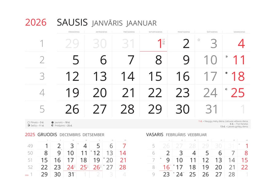 FOKUSAS formato kalendorinio lapelio pavyzdys: einamasis mėnuo stambiai, apačioje praėjęs ir kitas mėnuo